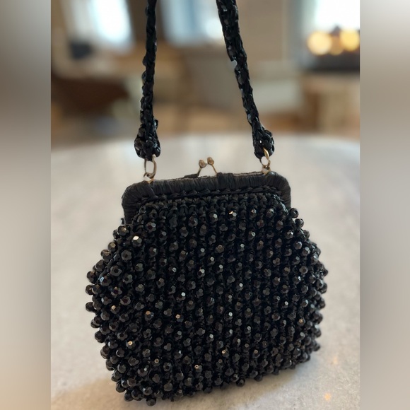 Retro Vintage Small Delia Black Beaded Frame Satchel Purse Hand Made In Italy - Picture 1 of 11